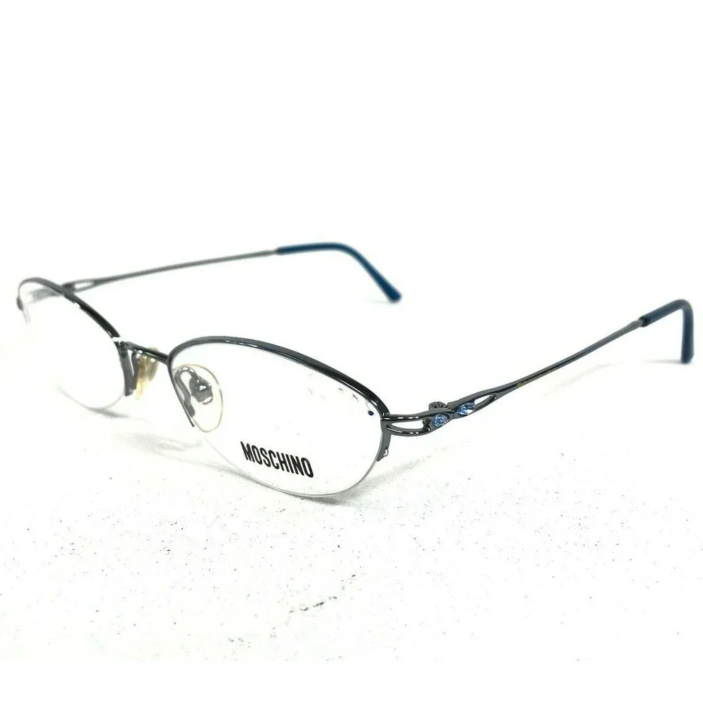 Moschino M 3196-V-B Eyeglasses Frames Blue Gray Round Oval Half Rim Rhinestones